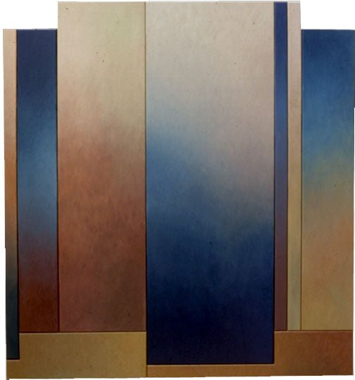 Threshold Inherited - Nine Panel Notched Top Structure in Ochre and Blue, oil on canvas, 83.625" x 78.25", 1995