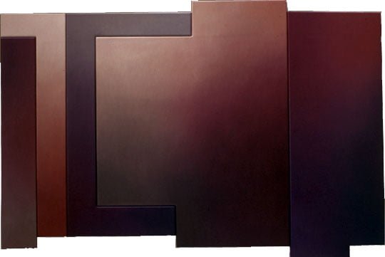 Mystery Within - Five Panel C Structure in Coral, Violet and Maroon, oil on canvas, 64.25" x 96", 1996, Collection of Hoecht Marion Roussel (Commission)