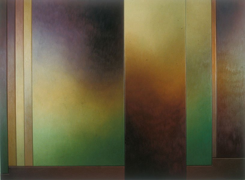 Closure Vailed, Eleven Panel Horizontal Structure in Siena, oil on canvas, 90" x 121.75", 1996