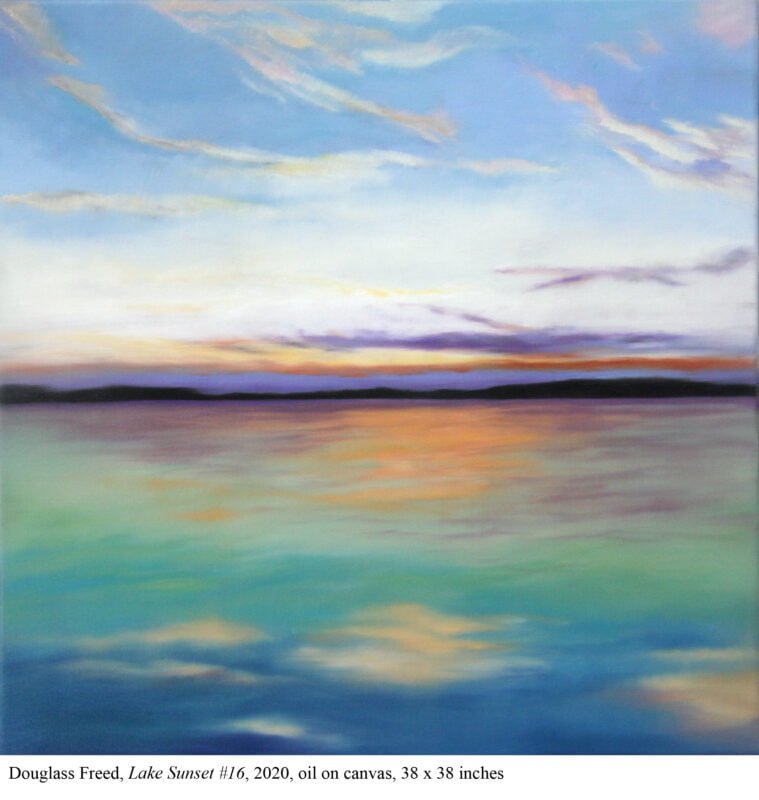 Douglass Freed, Lake Sunset #16, 2020, oil on canvas, 38 × 38 inches