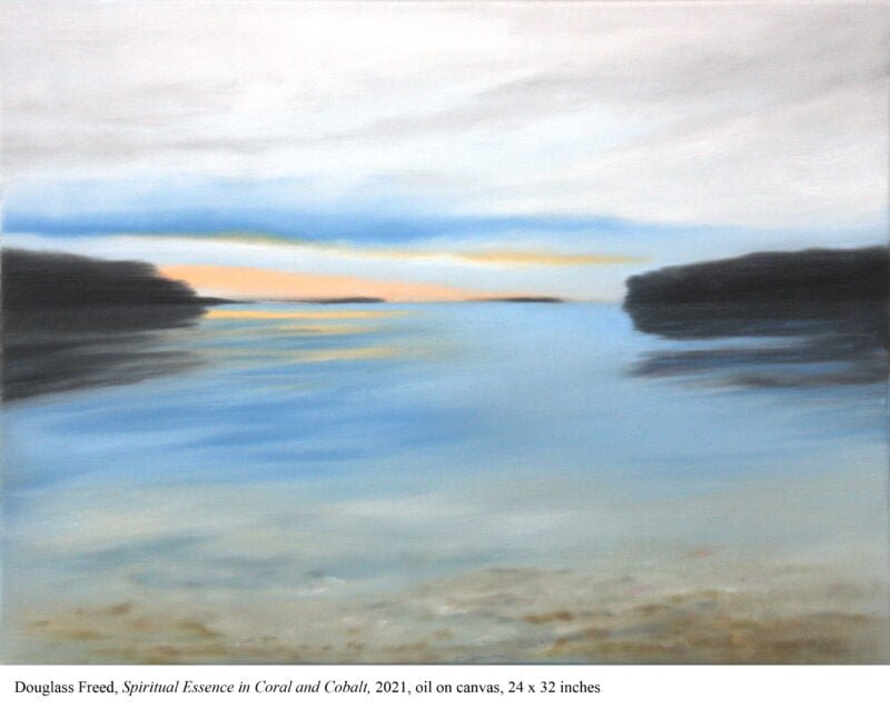 Douglass Freed, Spiritual Essence in Coral and Cobalt, 2021, oil on canvas, 24x 32 inches