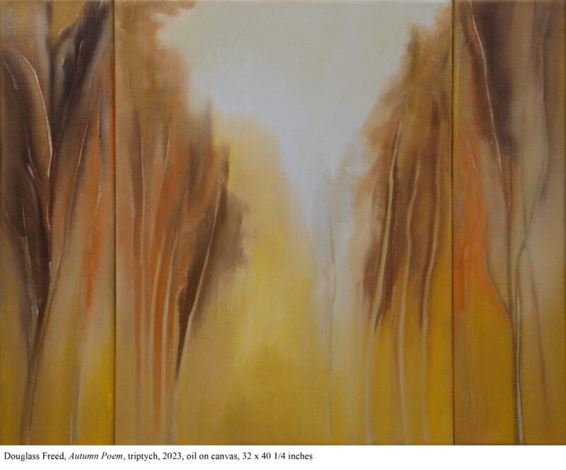 Douglass Freed, Autumn Poem, triptych, 2023, oil on canvas, 32 x 40 1/4 inches