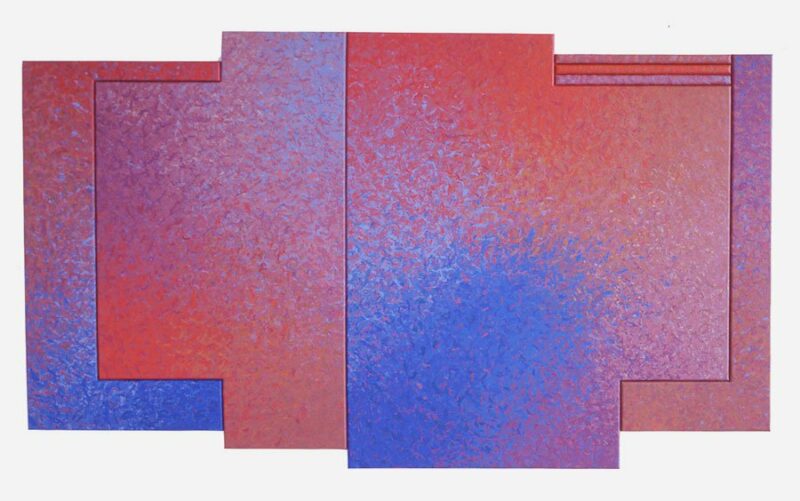 Four Panel C Structure with three bars in red, orange and blue, acrylic on canvas, 64 1/2" x 108 1/2", 1991